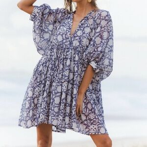 Daughters of India Kyra Mini Dress Iris Blue Size S Size Small Cotton 100%